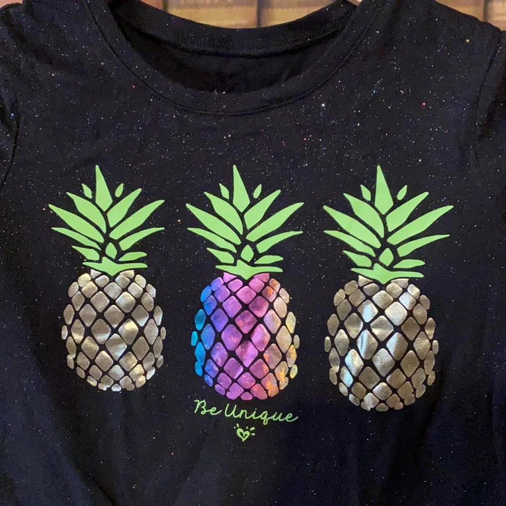 Justice Girls Be Unique Pineapple Glitter Graphic Tee Navy Size 6/7